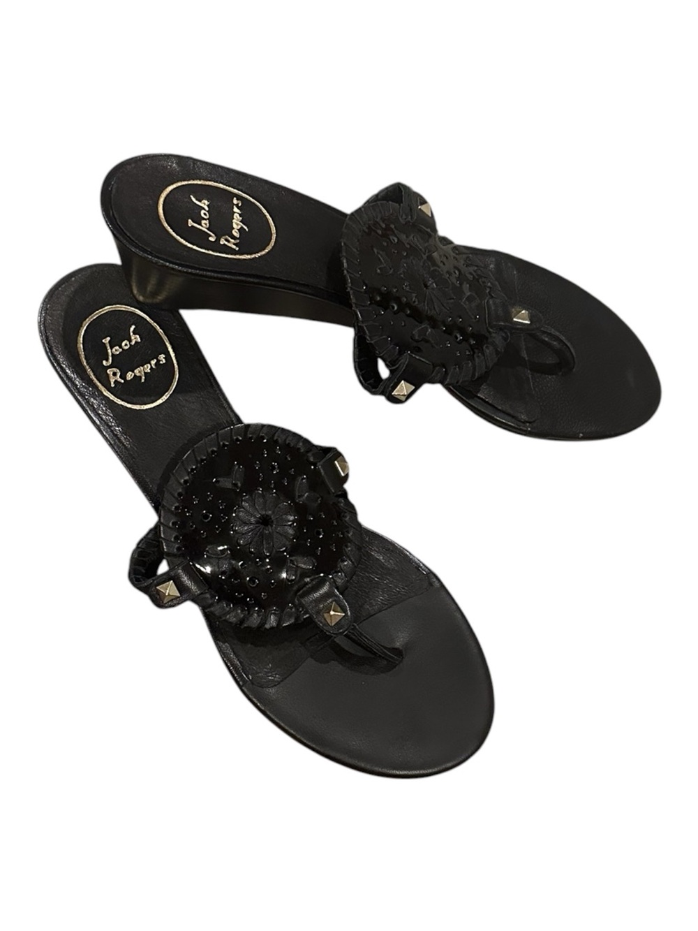 JACK ROGERS DEVYN BLACK TOE POST THONG WEDGE SANDALS 8.5